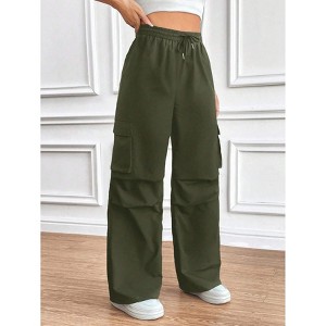 Women's Elastic Waist Cargo Pants - High-Rise Wide Leg Work Pants with Drawstring - 1 of 4