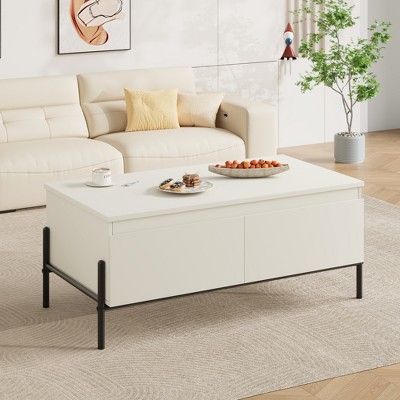 Modern White Wooden Coffee Table with Metal Legs & Open Storage for Living Room, Office