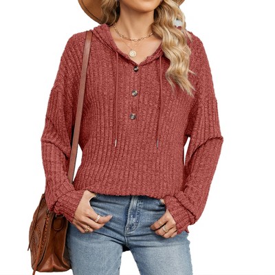 Women Pullover Button Long Sleeve Blouse, Red, XXL