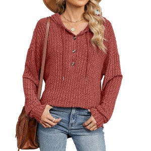 Women Pullover Button Long Sleeve Blouse, Red, XL - 1 of 3
