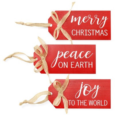 AuldHome Design Large Red Wood Tag Christmas Ornaments, 3pc Set; Farmhouse Style Decorations