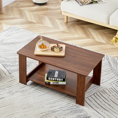 GlasFlength Coffee Table, Tempered Glass Tabletop, Rectangular Double-Layer Design, Suitable for Living Room, Courtyard, Brown, 35.4"*19.6"*16.5"