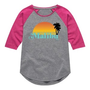 Girls' - Barbie - Malibu Sunset with Palm Trees Shirt Tail Raglan Graphic T-shirt - 1 of 3