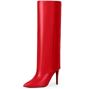 BLISSFUL STEP Women's Fold Over Pointed Toe Zipper Stiletto Heel Knee-High Boots - 1 of 4