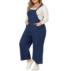 Agnes Orinda Women's Plus Size Denim Bib Classic Adjustable Straps Pockets Jean Jumpsuits - 1 of 4