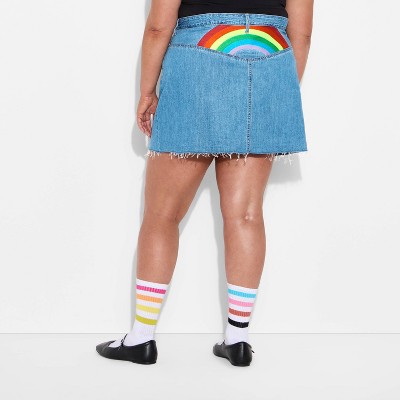 Pride Adult Mid-Rise Festival Rainbow Embroidered Jean Skirt - Light Wash