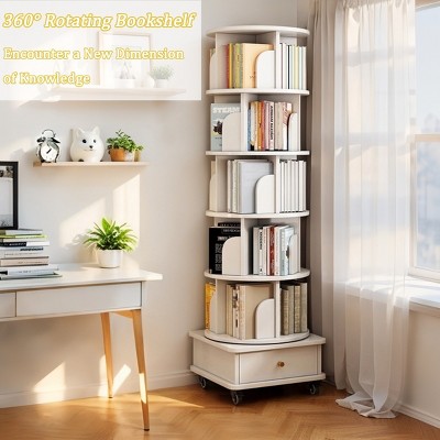 Rotating Bookshelf with Drawer and Wheels, 6-Tier 360° Storage Tower for Small Spaces, 18.1"W x 68.1"H -Cuddlewood