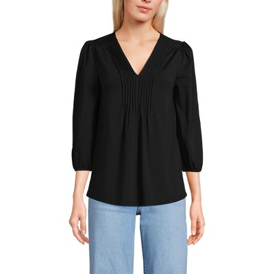 Lands' End Women's 3/4 Sleeve Lightweight Jersey Pintuck V-neck Top