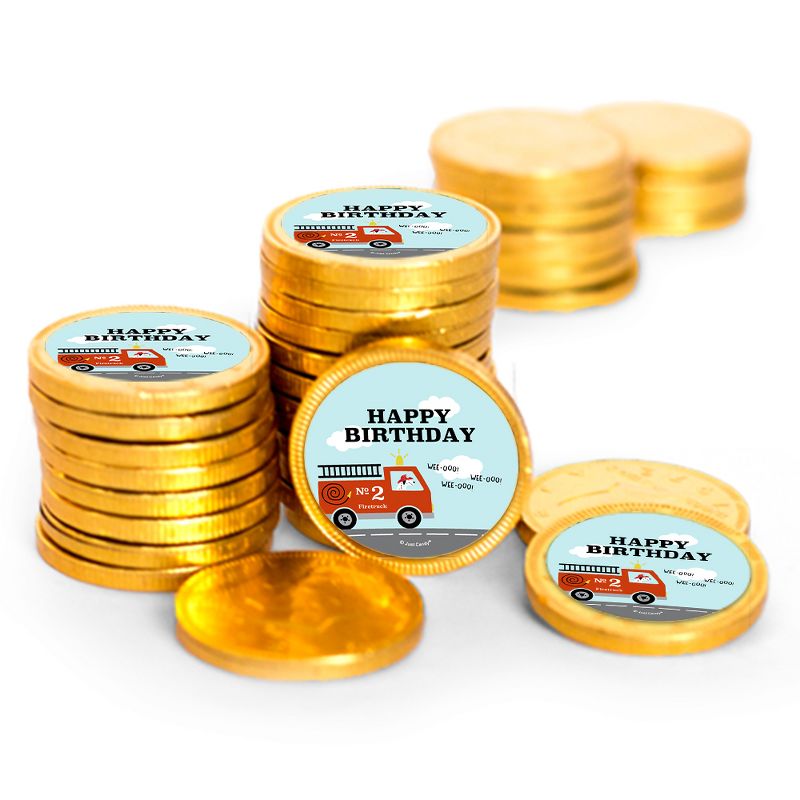 84 Pcs Fire Truck Kid's Birthday Candy Party Favors Chocolate Coins with Gold Foil, 1 of 3