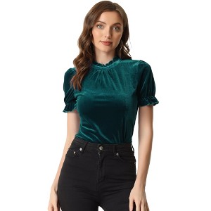 INSPIRE CHIC Women's Short Sleeve Velvet Keyhole Back Ruffle Mock Neck Shirt - 1 of 4