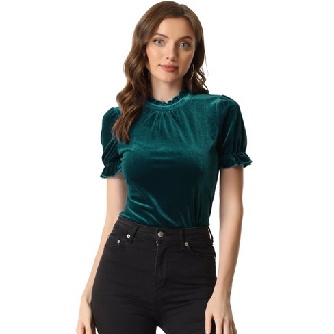 Allegra K Velvet Blouse for Women's Elegant V Neck Long Sleeves Dressy  Fitted Peplum Top X-Small Green at  Women's Clothing store