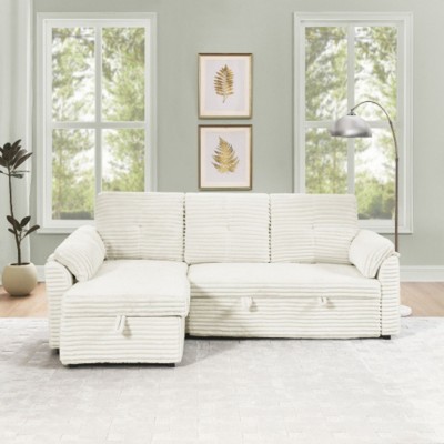 Beige Tufted Corduroy Sleeper Sectional with Storage Chaise, Pull-Out Bed, Reclining Backrest