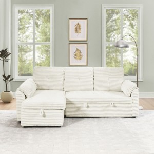Beige Tufted Corduroy Sleeper Sectional with Storage Chaise, Pull-Out Bed, Reclining Backrest - 1 of 4