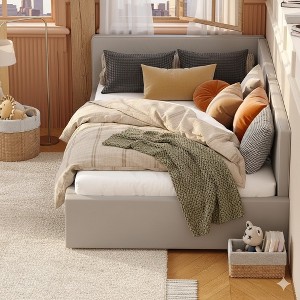 Corner Bed Frame Twin Size Daybed with Velvet Upholstered Guardrail, Modern Kids Sofa Bed for Teen Adults - 1 of 4