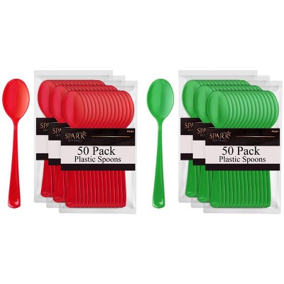 Christmas Plastic Cutlery Disposable 100 Pack, Plastic Cutlery, 50 Red and 50 Green Plastic Utensils for Christmas Parties - SparkSettings
