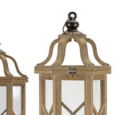 Rustic Natural Wood and Iron Hanging Candle Lantern Set