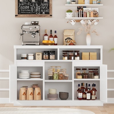 Modern Buffet Cabinet with Storage, Fluted Sideboard Cabinet with 2 Doors, White Accent Coffee Bar Cabinet with Adjustable Shelves for Kitchen Room