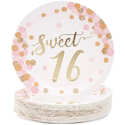 Blue Panda Sparkle and Bash Sweet 16 Party Disposable Paper Plates, (48 Pack) Rose Gold, 9 Inches