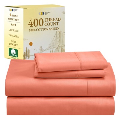 Cotton Sheets Set - Softest 400 Thread Count Bed Sheets, 100% Cotton Sateen, Cooling, Deep Pocket by California Design Den