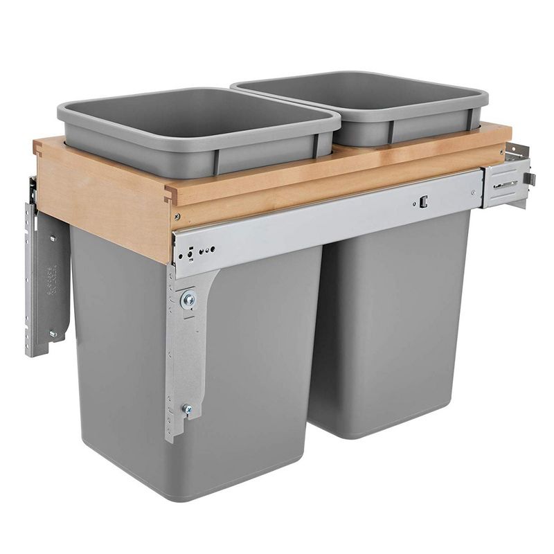 Rev-A-Shelf 4WCTM-15BBSCDM2 Double 27-Qt Maple Top Mount Pull Out Waste Containers with Soft Close Slides for 12" Wide 1.5" Faceframe Cabinet, 1 of 6