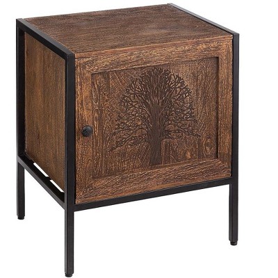 Wooden Tree of Life Table With Storage Cabinet Door