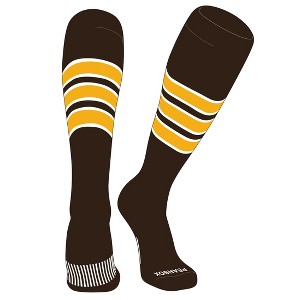 PEAR SOX Striped OTC Baseball, Softball, Football Socks (C) Brown, White, Gold (XS) - 1 of 3