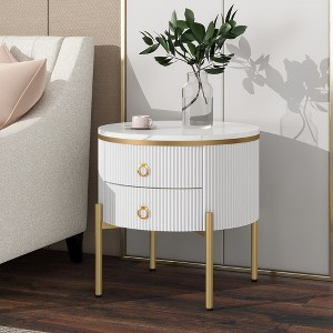 19.6'' Easy Assembly Round End Table with Storage Drawers, Fluted Nightstand,White - 1 of 4
