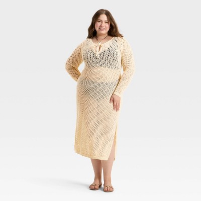 Women's Crochet-Style Long Sleeve Maxi Sweater Dress - A New Day™ Cream