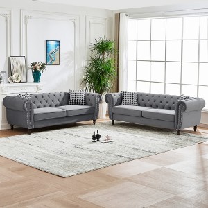 3+3 Seater Chesterfield Velvet Upholstery Sofa with Roll Armrest & Nailhead, Mid Century Modern Upholstered Couch for Living Room, Office, Apartment - 1 of 4
