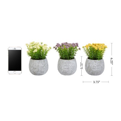 Lifelike Floral Trio in Concrete-Finish Pots - Ivory, Yellow, & Purple
