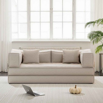 78.8 Inch Modular Sofa, Convertible Floor Sofa Bed with Pillow Arms, Multi-Shape Design Sofa Bed with Corduroy Removable Covers-Coolbibila