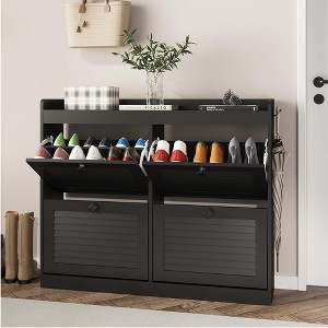 Large shoe cabinet with 4 flip-top drawers, hooks, and storage space—a hidden shoe storage solution for entryways, hallways, and living rooms. - 1 of 4