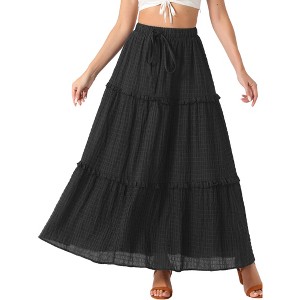 Allegra K Women's High Waist Tiered Belt Ruffle Lattice Texture Casual A Line Maxi Skirt - 1 of 4