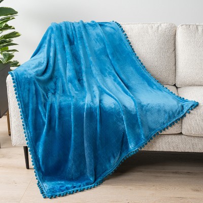 Teal Blue Twin Fleece Pom Pom Fringe Blanket