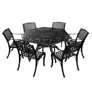 7pc Patio Dining Set with 63" Modern Ornate Outdoor Mesh Aluminum Large Hexagon Table & Modern Chairs - Black - Oakland Living: UV-Resistant - 1 of 4