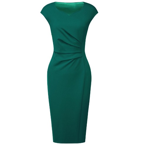 Hobemty Women's Sweetheart Neck PLeated Side Cap Sleeve Work Pencil Dresses  Green Small