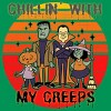 Junior's Design By Humans Chillin with my creeps 80's style halloween characters By MerchHQ T-Shirt - 2 of 3