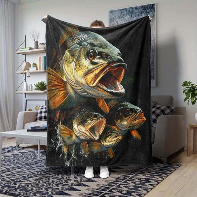Largemouth Bass Fish Design Flannel Fleece Throw Blanket, All Season Soft Polyester Couch and Car Nap Accessory, Christmas Gift.