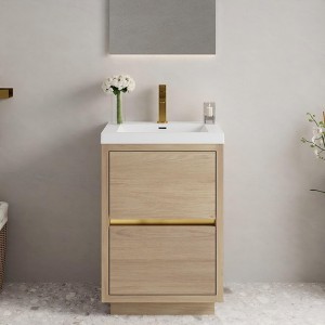 FAMYYT 24 in. Single Sink Freestanding Oak Bath Vanity with White Resin Top (Assembled), Soft Close Drawers - 1 of 4