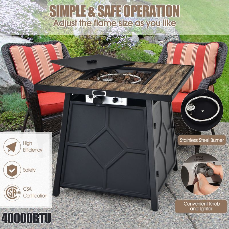 Tangkula Outdoor Propane Fire Pit Table 28’’ Square Gas Fire Table with Removable Lid Lava Stone, 4 of 11