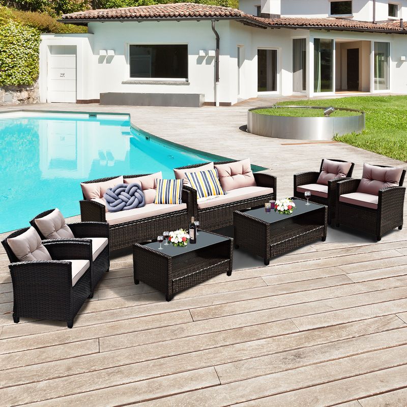 Costway 8PCS Outdoor Rattan Furniture Set Cushioned Sofa Armrest Table, 1 of 11