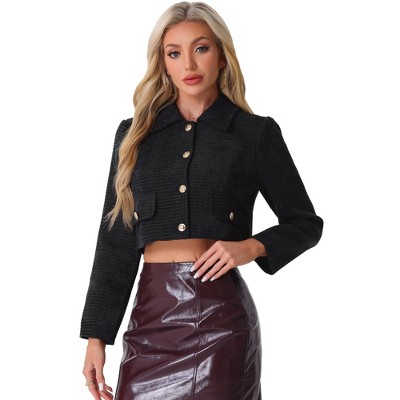 Allegra K Women's Tweed Short Suit Long Sleeve Crop Jacket