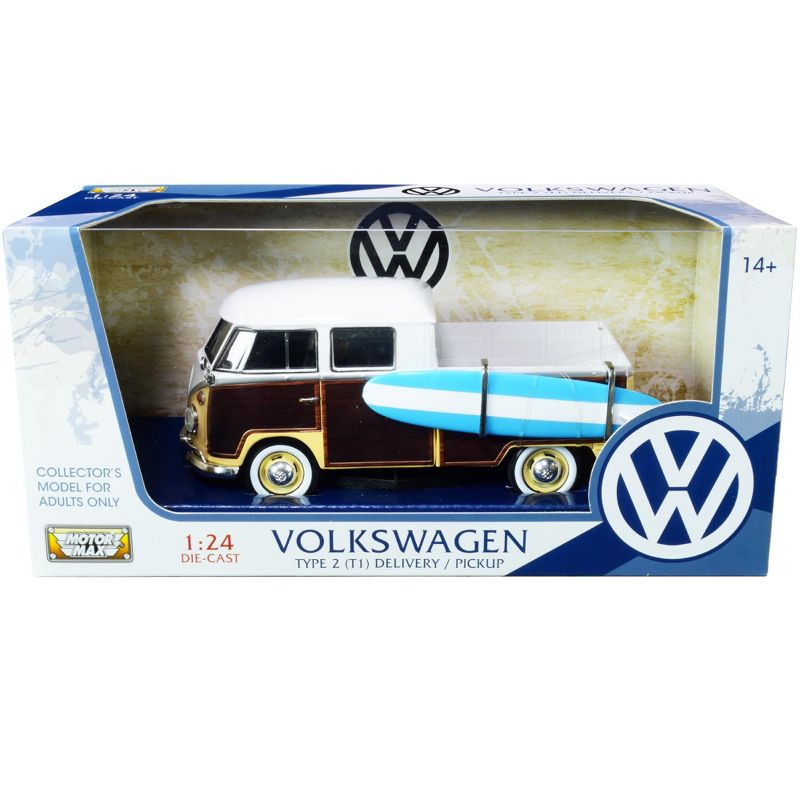 Volkswagen Type 2 (T1) Pickup White and Yellow with Wood Paneling with Surfboard 1/24 Diecast Model Car by Motormax, 1 of 4