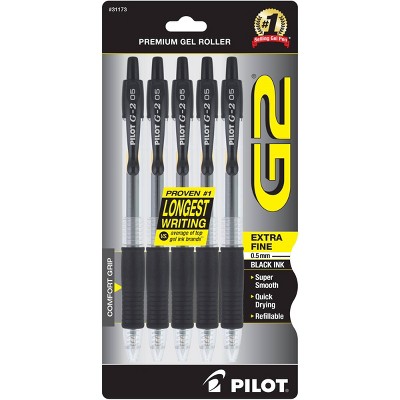 Pilot 5ct G2 Gel Pens Extra Fine Point 0.5mm Black Ink: Retractable Rubber Grip, Art & Stationery, Office Supplies