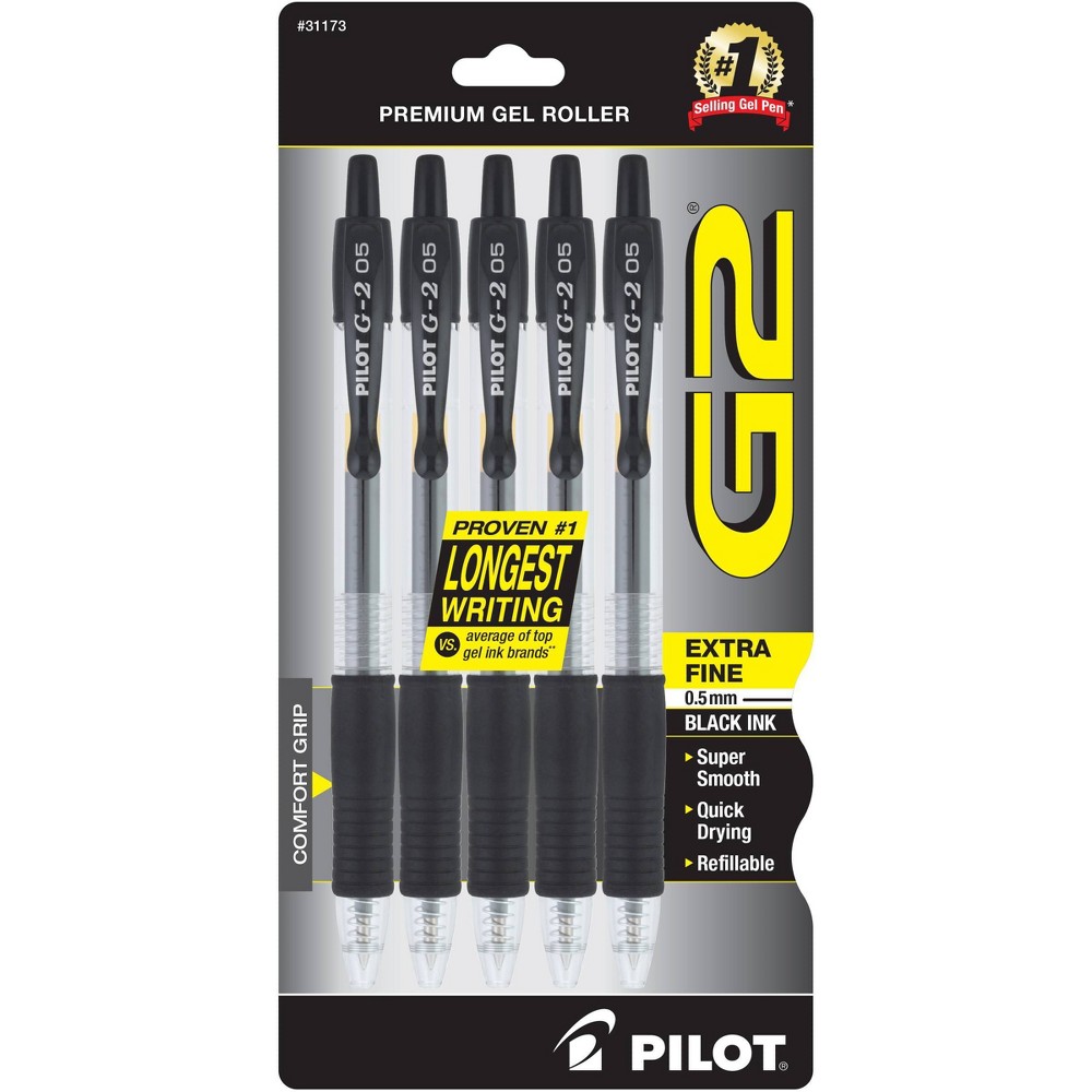 Pilot 5pk G2 Gel Pens Extra Fine Point 0.5mm Black Ink