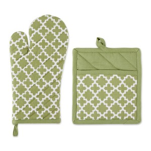 Design Imports Antique Green Lattice Oven Mitt And Potholder Set - 1 of 4