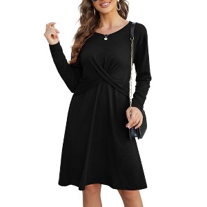 Coolmee Women's Long Sleeve Midi Dress Fall Crewneck Twist Front Casual A-Line Swing Dress - 1 of 4