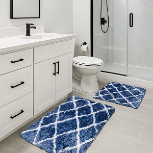 Home Mart Goods Navy Blue 2 Piece Trellis Plush Thick Soft Cozy Microfiber Bath Mat Set - 1 of 4