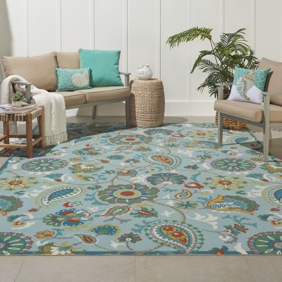 Light Blue Floral Synthetic Indoor/Outdoor Area Rug 7'9" x 10'10"