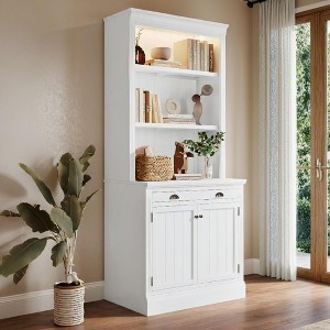 Tall Bookshelf And Bookcase-Freestanding Pantry Cabinet With LED Lights-Solid Wood-With Door And Open Shelves-For Living Room-Home Office-White - 1 of 4
